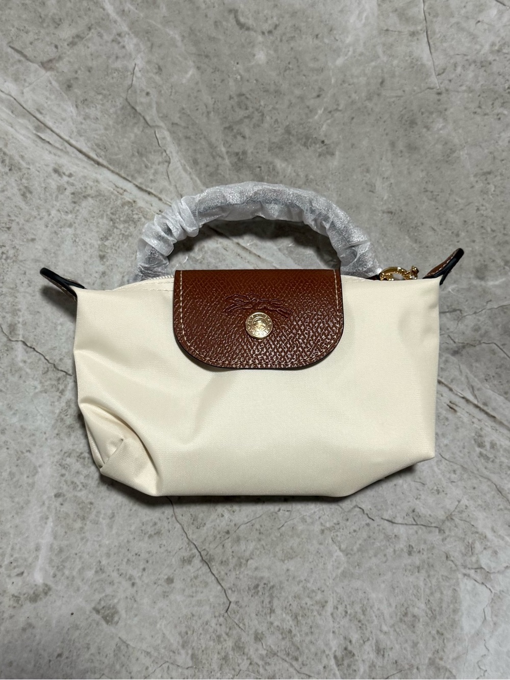 Longchamp Cream Mini Bag with Brown Flap and Top Handle